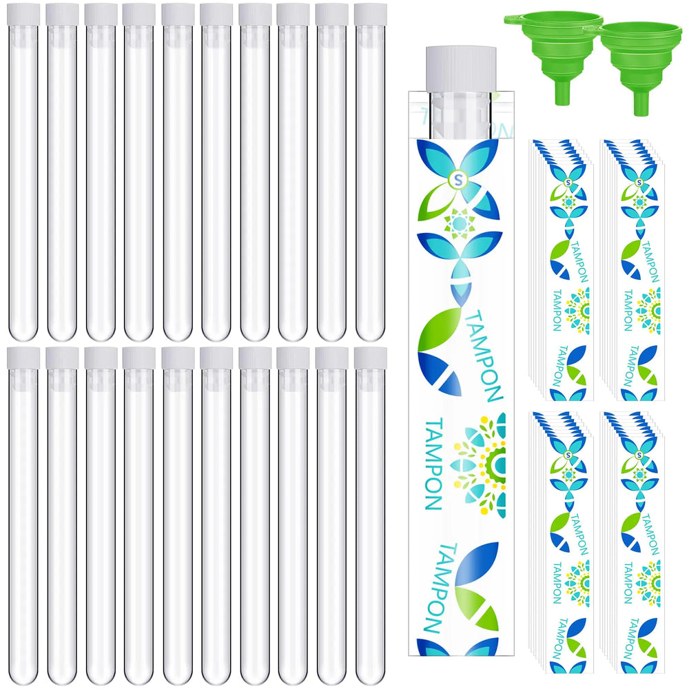 62-Piece Feminine Care Travel Set – 20 Discreet Tubes, 40 Self-Adhering Wrappers & 2 Silicone Funnels